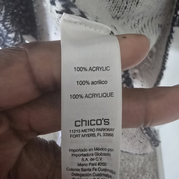 Chico's Long Cardigan Womens Sz L White Blue Sweater Collared Open Aztec - Picture 8 of 12